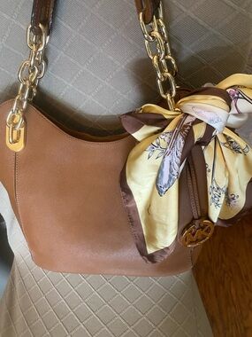 Michael Kors Tan Shoulder Bag with Gold Accents and scarf